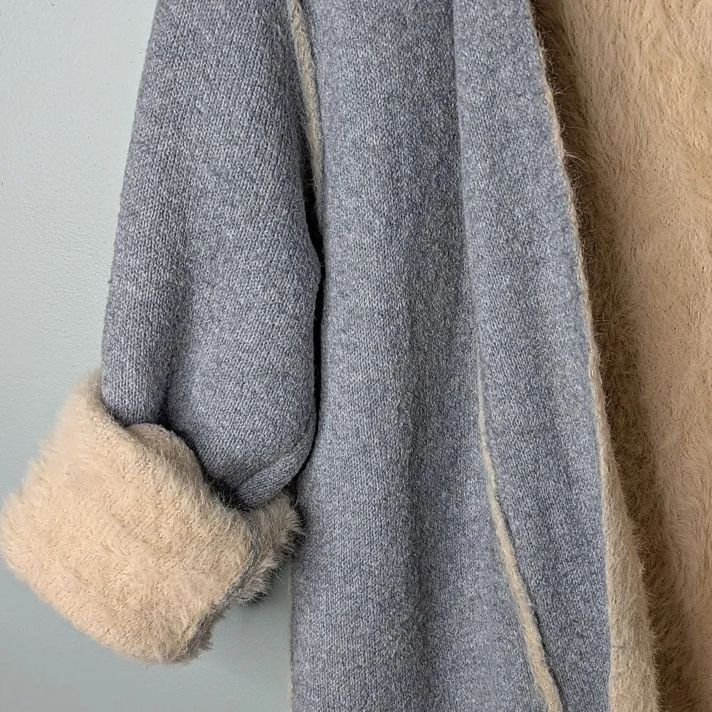 MOTH Anthro Blue Grey Cream Faux Fur Lined Long Sleeve Cardigan M L